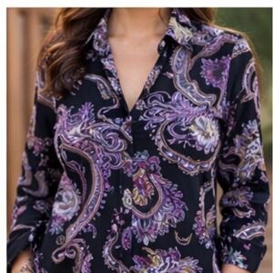 Women's Express Paisley Multicolor Button Down Blouse XS Black Boho Long Sleeve